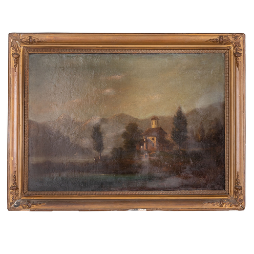 PITTORE DEL XIX SECOLO <br>Paesaggio di montagna con casolare <br>Olio su tela, cm 48X68