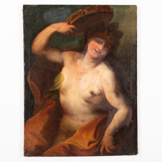 PITTORE VENETO DEL XVII-XVIII SECOLO Baccante<br>Olio su tela, cm 97X72,5