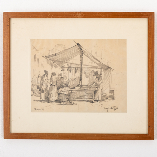 MARIO MORETTI FOGGIA Mantova, 1882 - Macugnaga, 1954<br>Scena di mercato a Chioggia<br>Firmato Moret