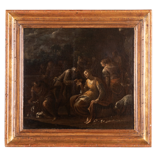 PITTORE BOLOGNESE DEL XVII-XVIII SECOLO Rachele nasconde gli idoli<br>Olio su tela, cm 50X55