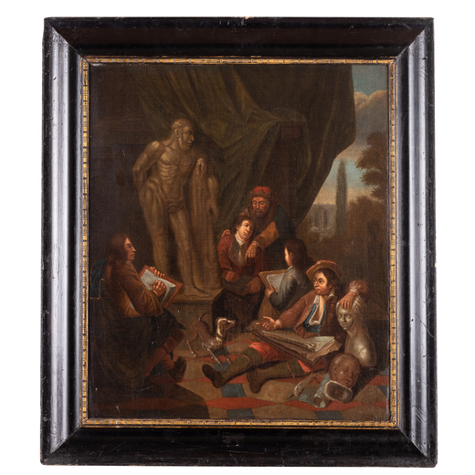 BALTHASAR VAN DEN BOSSCHE (maniera di) (Anversa, 1681 - 1715)<br>Lo studio del pittore<br>Olio su te