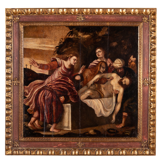 TIZIANO VECELLIO (seguace di) (Pieve di Cadore, 1480/1485 - Venezia, 1576)<br>Deposizione<br>Olio su