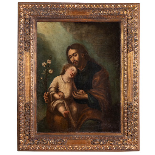 MIGUEL DEL AGUILA (attr. a) (? - Siviglia, 1736)<br>San Giuseppe con il Bambino<br>Olio su tela, cm 