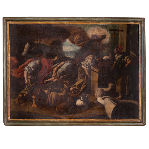 PITTORE NAPOLETANO DEL XVIII SECOLO Mosè difende le figlie di Jetro<br>Olio su tela, cm 70X95