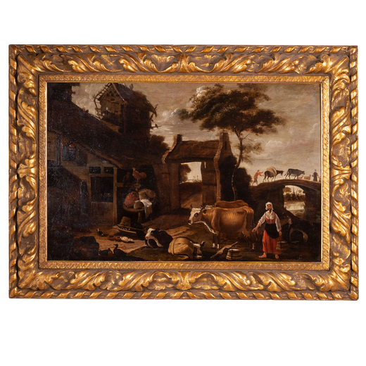 EGBERT VAN DER POEL (seguace di) (Delft, 1621 - Rotterdam, 1664)<br>Scena di genere<br>Olio su tavol