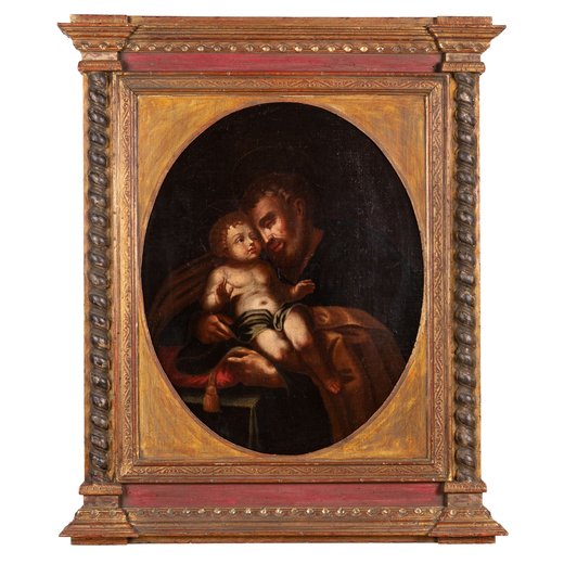 PITTORE DEL XVIII SECOLO San Giuseppe col Bambino<br>Olio su tela, cm 87X72