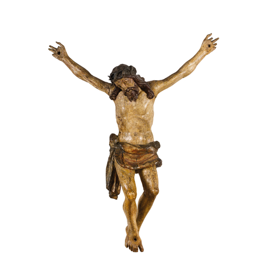 SCULTURA IN LEGNO LACCATO E PARZIALMENTE DORATO, XVIII SECOLO raffigurante Cristo crocifisso; forti 