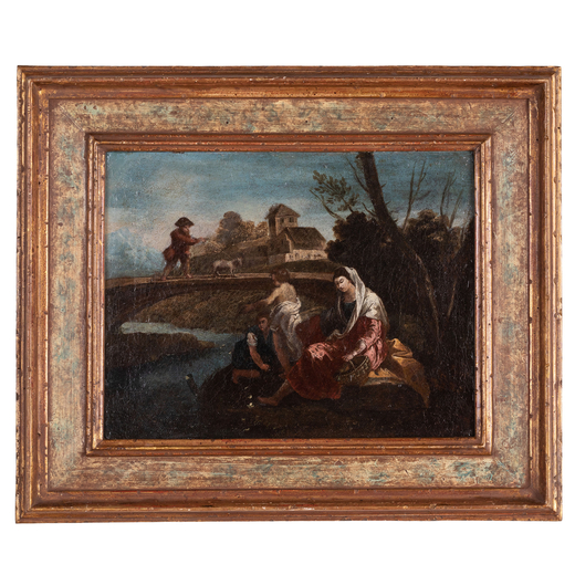 FRANCESCO ZUCCARELLI (maniera di) (Pitigliano, 1702 - Firenze, 1788)<br>Paesaggio con ponte e figure