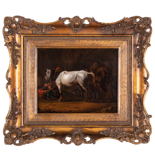 PIETER VAN BLOEMEN (attr. a) (Anversa, 1657 - 1720)<br>Cavalli in una stalla<br>Olio su tavola, cm 2