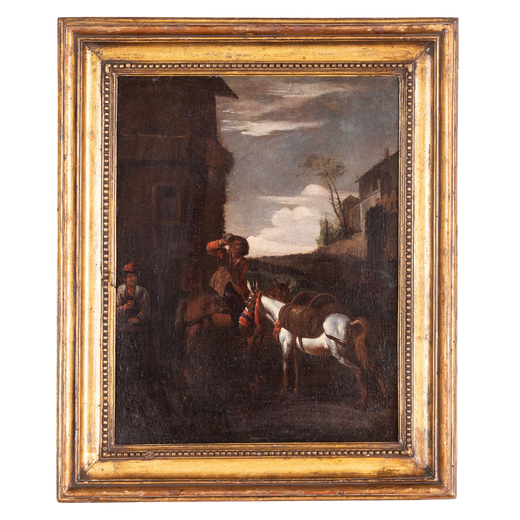 MICHELANGELO CERQUOZZI (attr. a) (Roma, 1602 - 1660)<br>Scena bambocciante<br>Olio su tela applicata