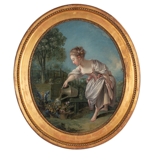 PITTORE FRANCESE DEL XVIII SECOLO Giardiniera<br>Olio su tela, cm 56X46