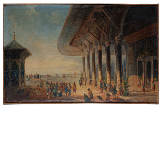 PITTORE DEL XIX SECOLO Veduta di Istanbul<br>Olio su tela, cm 39X63,5