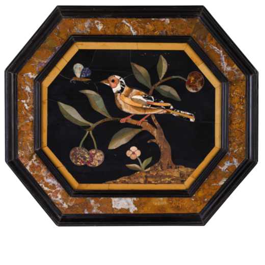 PLACCA IM MARMI COMMESSI POLICROMI, XVII-XVIII SECOLO raffigurante volatile su arbusto con frutti e 