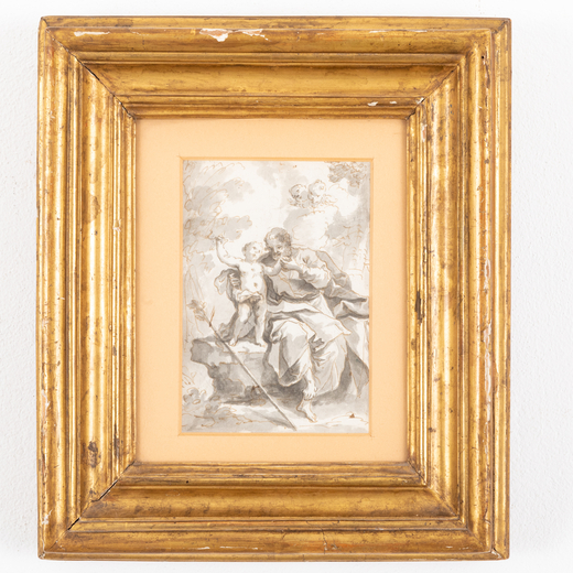 PITTORE EMILIANO DEL XVII-XVIII SECOLO San Giuseppe e Gesù Bambino<br>Penna e acquerello su carta, 