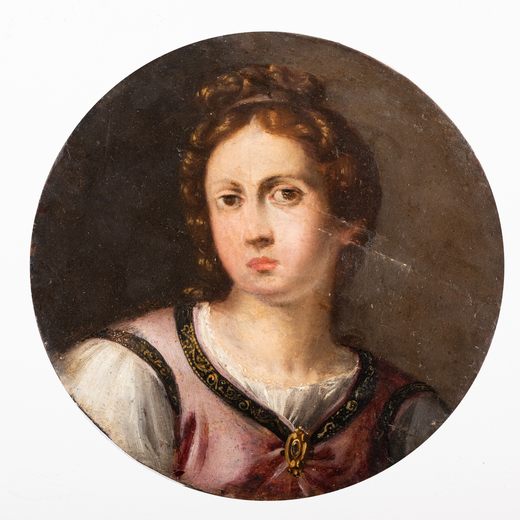 PITTORE ROMANO DEL XVII SECOLO Ritratto di donna<br>Olio su tavola tonda parchettata, diam. cm 25