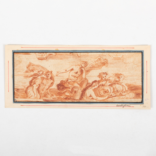 PITTORE DEL XVII-XVIII SECOLO  Galatea<br>Sanguigna su carta, cm 10,7X27,3