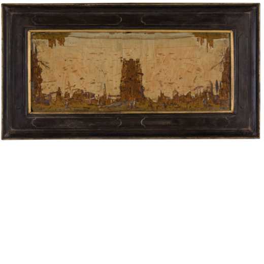 PLACCA IN PIETRA PAESINA DIPINTA, XVII-XVIII SECOLO raffigurante paesaggio con figure, cornice in le