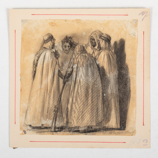 PITTORE DEL XIX SECOLO <br>Figure orientali<br>Carboncino su carta, cm 17,3X17,3