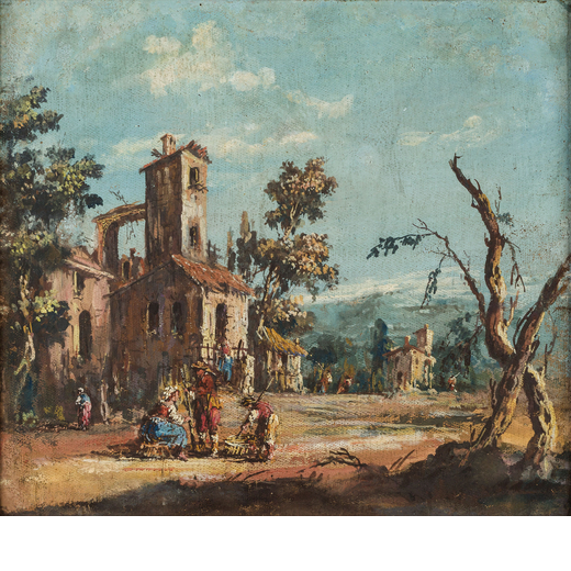 PITTORE VENETO DEL XVIII SECOLO Paesaggio con casa colonica<br>Olio su tela, cm 29X32
