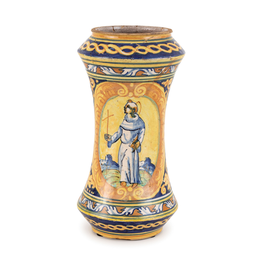 ALBARELLO IN MAIOLICA POLICROMA, FORNACE DI FAENZA, META DEL XVI SECOLO decorato con figura di Santo
