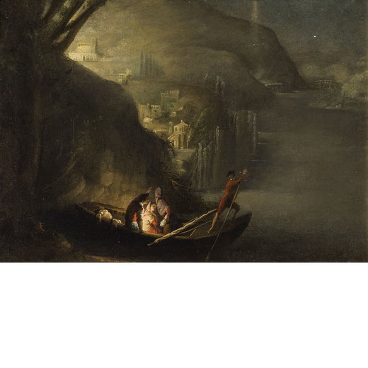 PITTORE DEL XIX SECOLO Paesaggio sublime con barca e figure<br>Olio su tela, cm 30X42