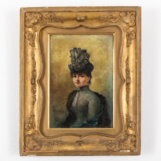 EDOARDO GELLI Savona, 1852 - Firenze, 1933<br>Ritratto di signora con cappello <br>Firmato E Gelli e
