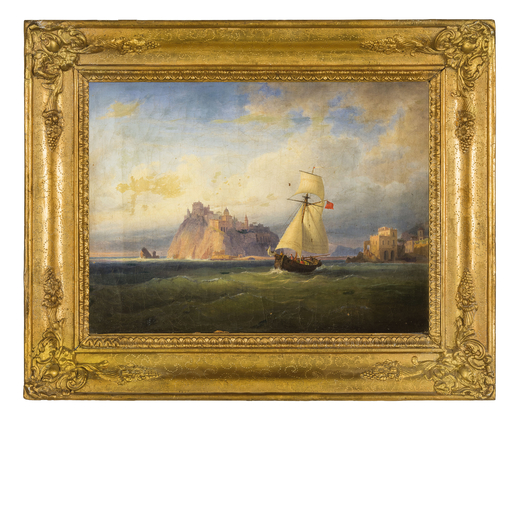 PITTORE NAPOLETANO DEL XIX SECOLO <br>Veduta di Ischia con brigantino <br>Olio su tela, cm 30X40