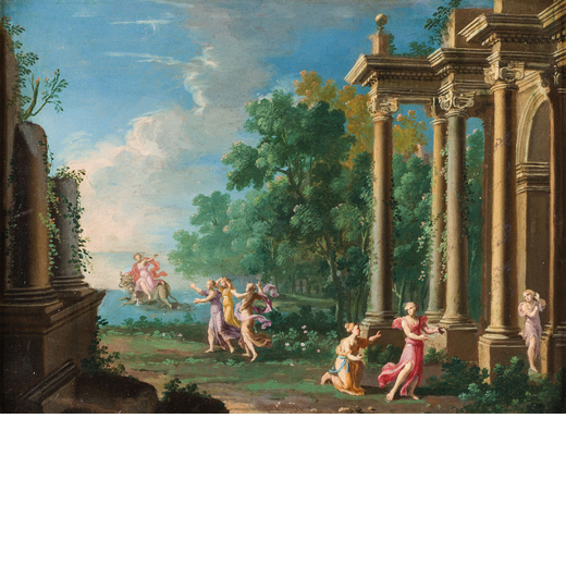 GIOVANNI PAOLO PANNINI (Piacenza, 1691 - Roma, 1765) <br>Capriccio con figure<br>Siglato P in alto s