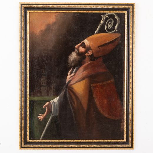 PITTORE EMILIANO DEL XVIII SECOLO  Ritratto di vescovo<br>Olio su tela, cm 103X79