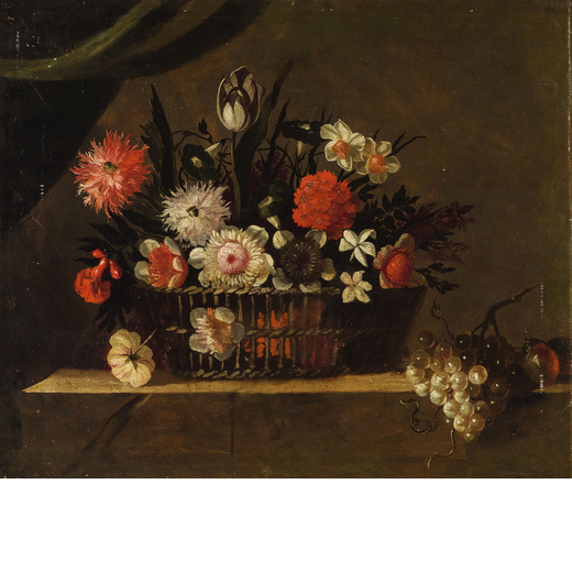 PITTORE DEL XVII-XVIII SECOLO Cesto con fiori<br>Olio su tela, cm 56X67