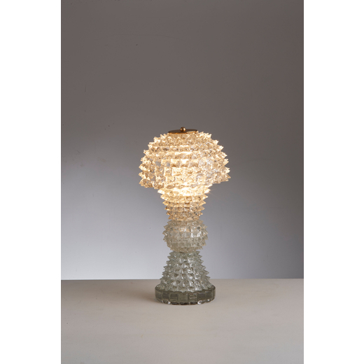 ERCOLE BAROVIER Lampada da tavolo. Elementi in vetro rostrato, ottone. Italia anni 50 ca.<br>cm 48x2