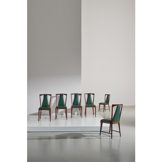 OSVALDO BORSANI (ATTRIB. A) Sei sedie. legno, vinilpelle imbottito, ottone. Italia anni 50.<br>cm 92