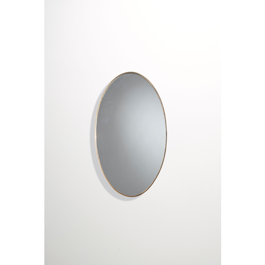 MANIFATTURA ITALIANA Specchio. Legno, ottone, cristallo specchiato. Italia anni 50.<br>cm 63x36x2