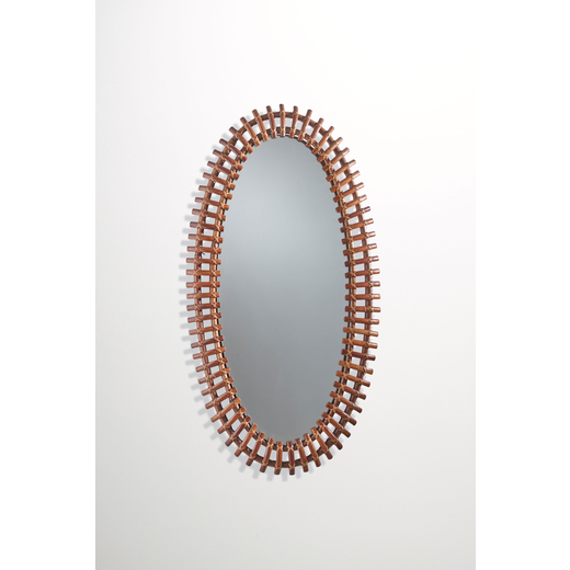 FRATELLI CASTANO Specchio canna dIndia, cristallo specchiato. Italia anni 60.<br>cm 110x57