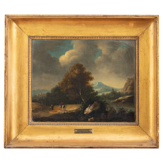 MASSIMO TAPARELLI DAZEGLIO (ATTR.A) Torino, 1790 - 1862<br>Paesaggio con cavaliere e viandanti <br>O