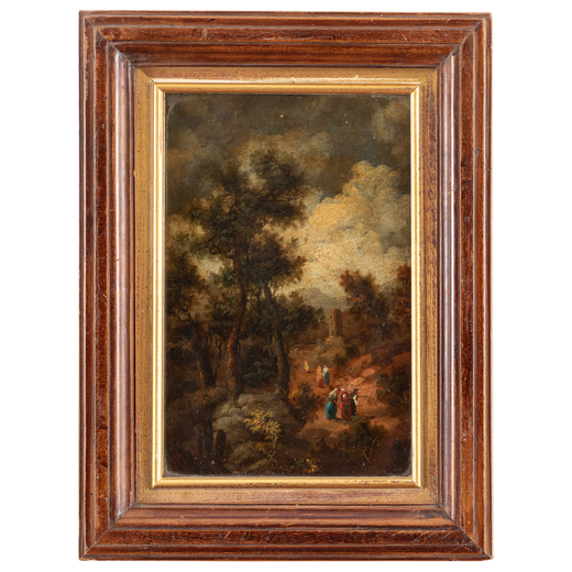 PITTORE DEL XVIII SECOLO Paesaggio con viandanti<br>Olio su rame, cm 24X16,5