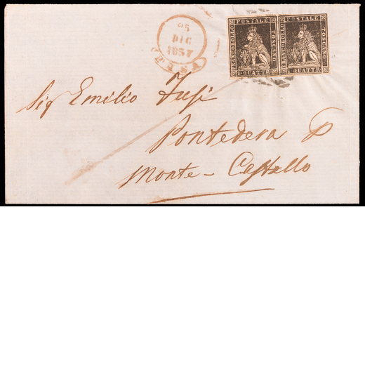 ANTICHI STATI ITALIANI, GRANDUCATO DI TOSCANA 1857, II EMISSIONE 1 Q. NERO COPPIA ORIZZONTALE SU LET