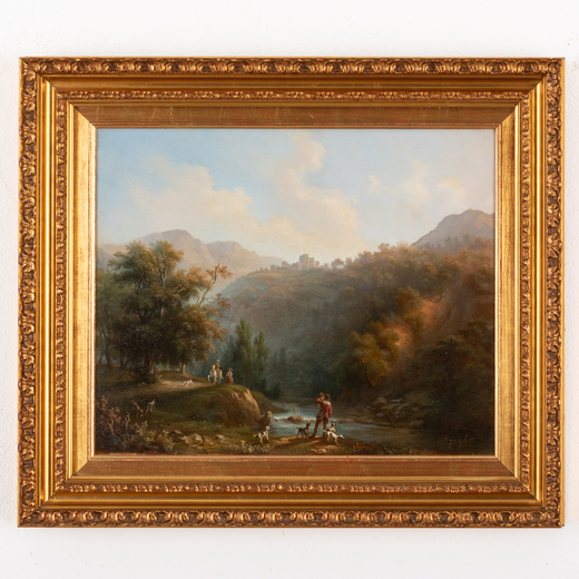 MASSIMO TAPARELLI DAZEGLIO Torino, 1790 - 1862<br>Paesaggio fluviale con cacciatori<br>Firmato Azegl
