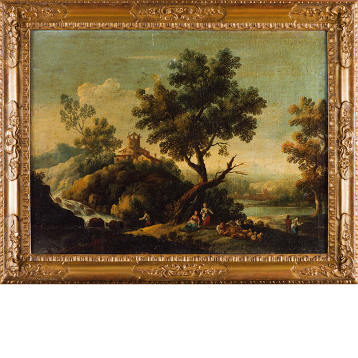 GIUSEPPE ZAIS (attr. a) (Forno di Canale, 1709 - Belluno, 1784)<br>Paesaggio con lago, ponticello, f