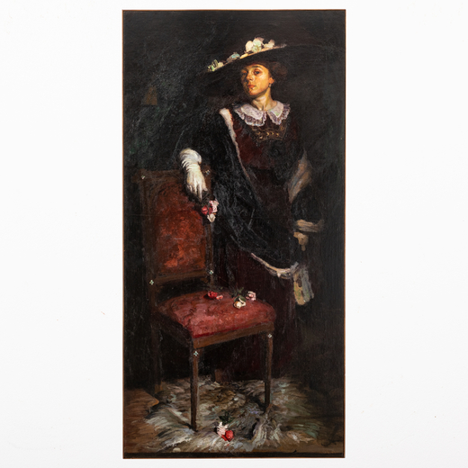 PITTORE DEL XIX SECOLO <br>Ritratto di signora con cappello in un interno<br>Olio su tela, cm 205X10
