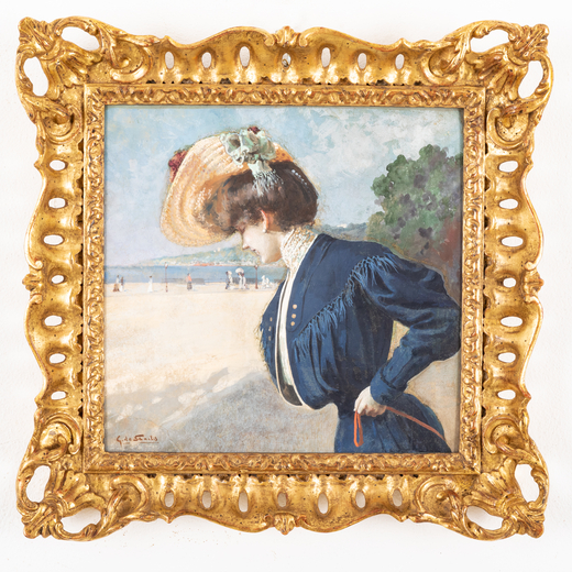 GIUSEPPE DE SANCTIS Napoli, 1858 - 1924<br>Signora sulla spiaggia <br>Firmato G De Sanctis in basso 