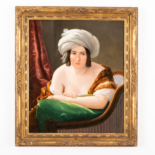 PITTORE DEL XIX SECOLO <br>Giovane donna con turbante<br>Olio su tavola, cm 81X65,5