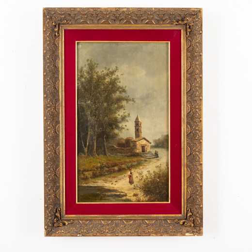 PITTORE DEL XIX SECOLO <br>Paesaggio con chiesa e figure<br>Olio su tela, cm 62X36