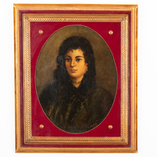 LOUIS MATOUT Renwez, 1811 - Parigi, 1888<br>Ritratto di donna<br>Firmato L Matout in basso a destra<