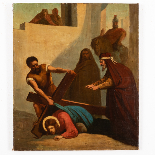 PITTORE DEL XIX-XX SECOLO <br>Caduta di Cristo dalla Croce<br>Olio su tela, cm 68X58,5