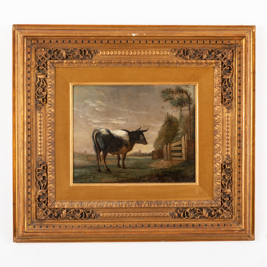 PITTORE DEL XIX-XX SECOLO <br>Paesaggio campestre con mucca<br>Olio su tavola, cm 34X43
