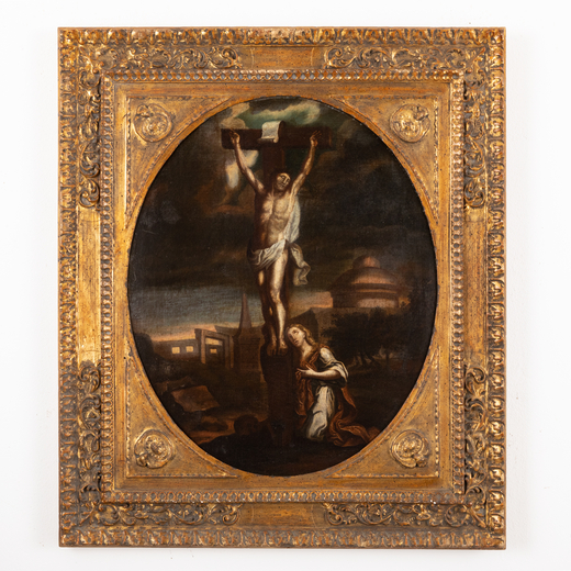 PITTORE DEL XVII-XVIII SECOLO Crocifissione con la Maddalena<br>Olio su tela, cm 78X61