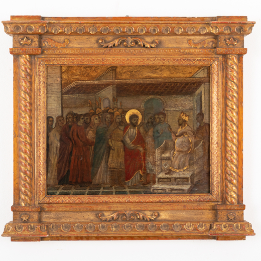 PITTORE DEL XVIII SECOLO Gesù davanti a Caifa<br>Olio su tela, cm 40,5X50,5