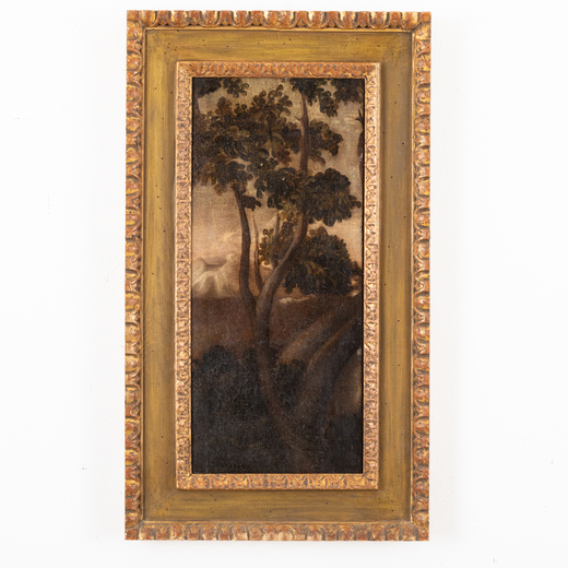 PITTORE DEL XVII-XVIII SECOLO Paesaggio<br>Olio su tavola, cm 65X28