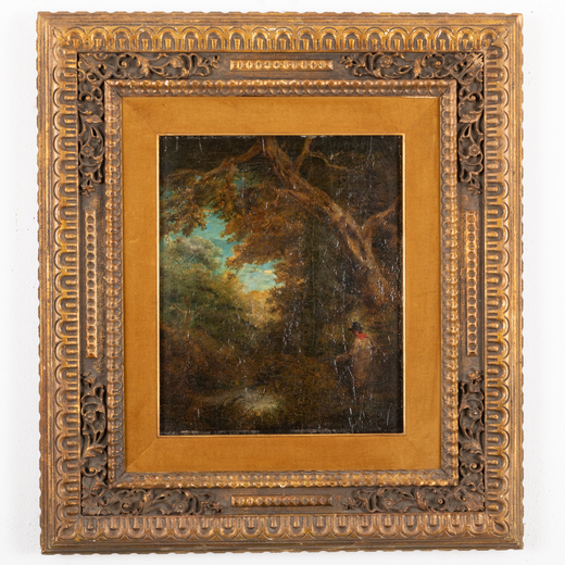 PITTORE DEL XIX-XX SECOLO Paesaggio con figura<br>Olio su tavola, cm 44X36